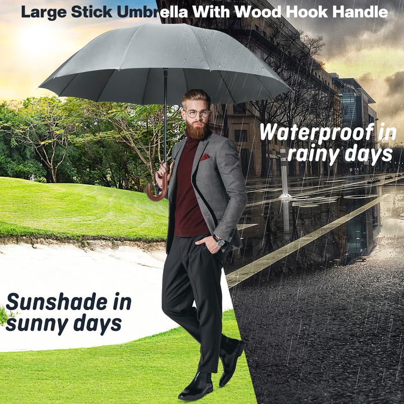 Golf Umbrellas Large Stick Umbrella With Wood Hook Handle 55 Inch - Automatic Open Classic Golf Umbrellas Windproof 12 Ribs - Curved Handle Business Umbrella Cane, Long Umbrella With J Hook for Men Women by zomake