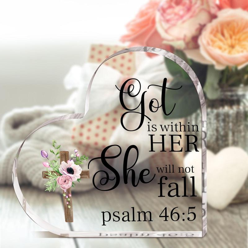 Acrylic Plaque, 1 Count Flower & Letter Pattern Christian Gift, She Will Not Fall God Psalm Scripture Table Plaque, Religious Gift for Friend Bestie