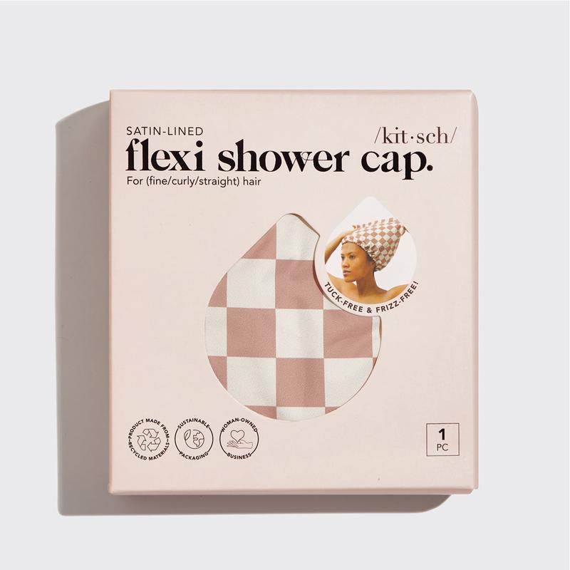 Satin Lined Flexi Shower Cap - Terracotta Checker from KITSCH Adjustable Waterproof