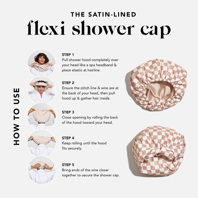 Satin Lined Flexi Shower Cap - Terracotta Checker from KITSCH Adjustable Waterproof