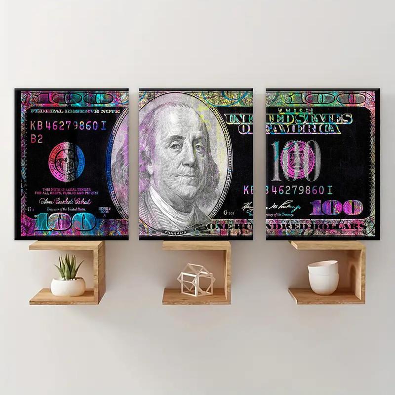 Wooden Framed Canvas Painting Set, 3 Counts set Currency Pattern Wall Art Decor, Canvas Art Wall Decor for Home Living Room Bedroom Office, Wall Art Painting  Room Decor