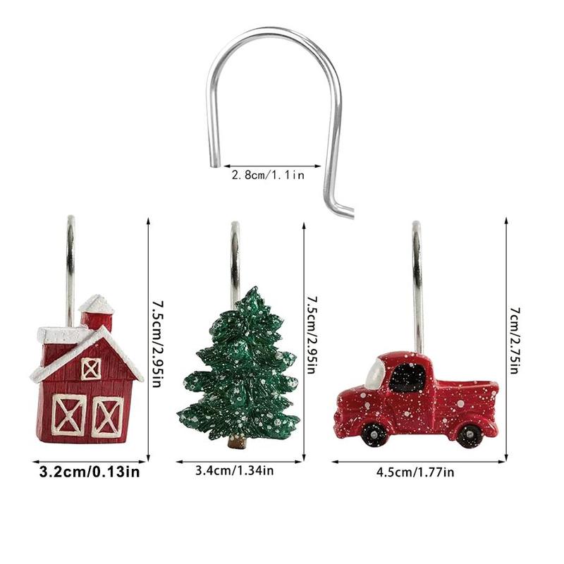 Christmas Themed Shower Curtain Hooks, 12pcs Cute Mini Car & Tree & House Design Decorative Shower Curtain Hooks, Bathroom Accessories for Home Dormitory Hotel Decor