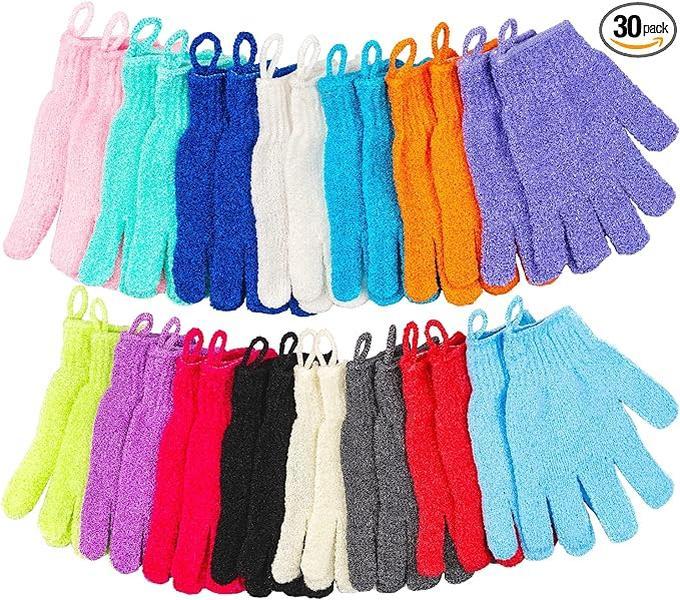 30 Pcs Exfoliating Gloves for Shower, 15 Colors Body Exfoliator Glove with Hanging Loop, Scrub Exfoliate Glove Mitt Bath Face Spa Hand Scrubber Wash Deep Scrubbing Dead Skin for Women Men