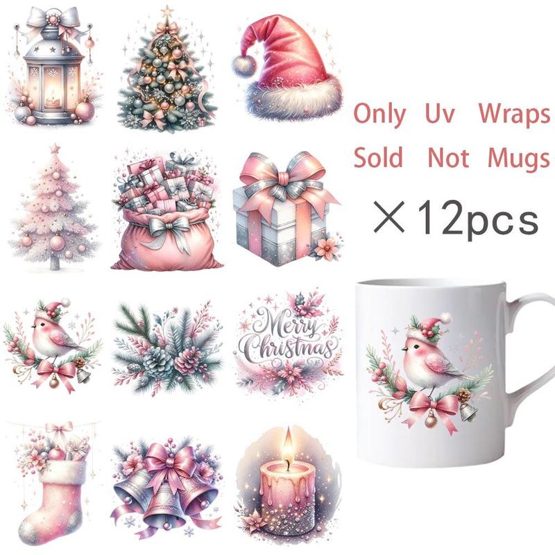 Christmas Festival Themed Sticker, 12pcs set DIY Skinny Tumblers Wrap Sticker, Coffee Cup UV DTF High Self-adhesive Wraps Transfers Decor Sticker