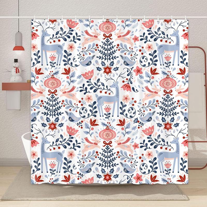 Colorful Christmas Shower Curtain Winter Holiday Bathroom Curtain, Xmas Shower Curtain with Fun Cute Deer Birds, Winter Bathroom Decor Set with Christmas Balls Poinsettia Flower Berries 72X72IN