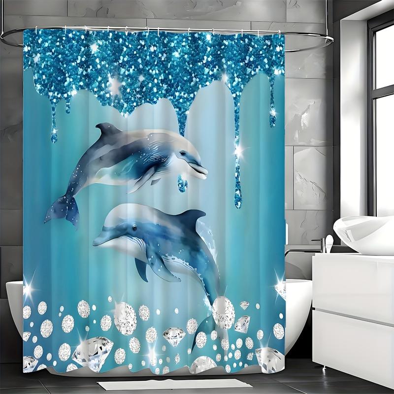 Shower Curtain Set Diamonds Dolphins Luxurious Curtain Waterproof with 12 Hooks for Home Bathroom Decoration Christmas Shower Curtain Gift Ideas