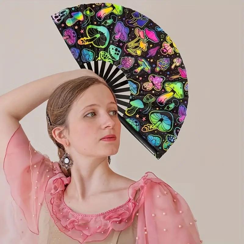 Folding Hand Fan, Festival Rave Fan With Colorful Mushroom Pattern, Handheld Clack Fan For Women