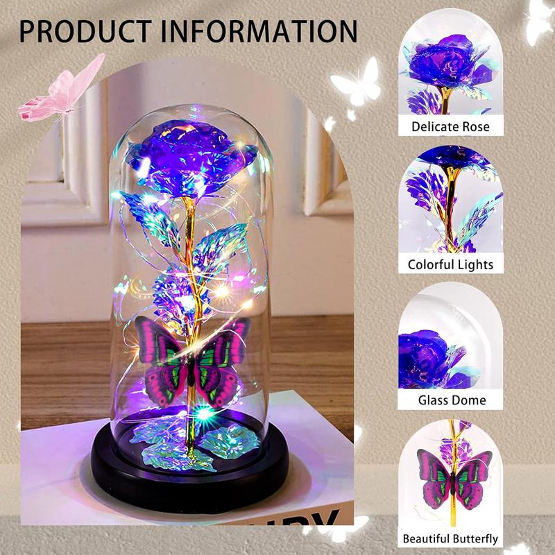 Glass Rose, for Mom, Valentines Day Gifts for Her with Greeting Card, Galaxy Purple Butterfly Eternal Rose in A Glass Dome