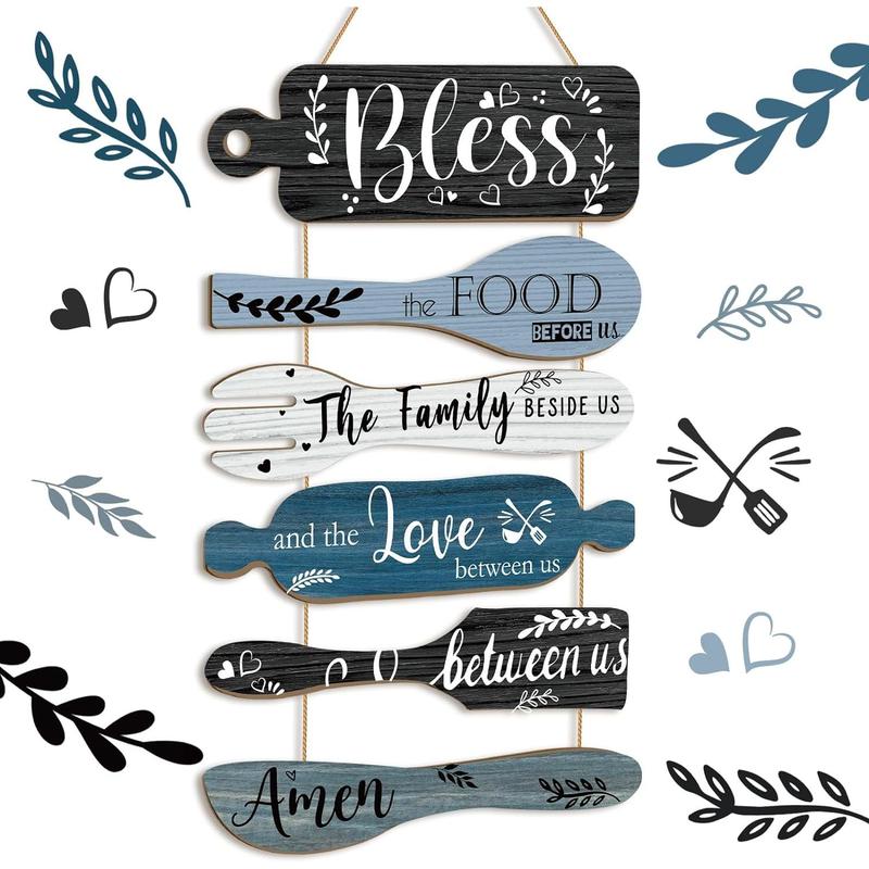 6 Pcs Bless the Food Before Us Sign Farmhouse Kitchen Wall Decor Dining Room Decorations Collage Wall Art Rustic Vertical Hanging Wood Signs for Kitchen Living Room Home(Multicolored)