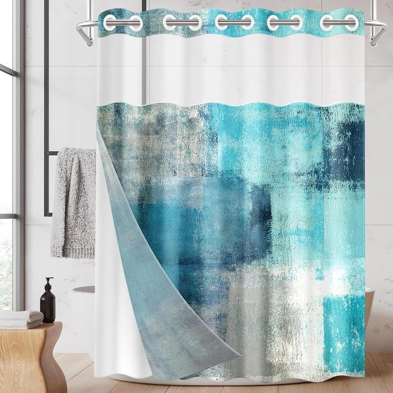 No Hook Turquoise Grey Painting Shower Curtain with Snap in Fabric Liner Set, Waterproof with See Through Mesh Top Window, Contemporary Teal Gray Abstract Bath Curtain 71x74 Inch