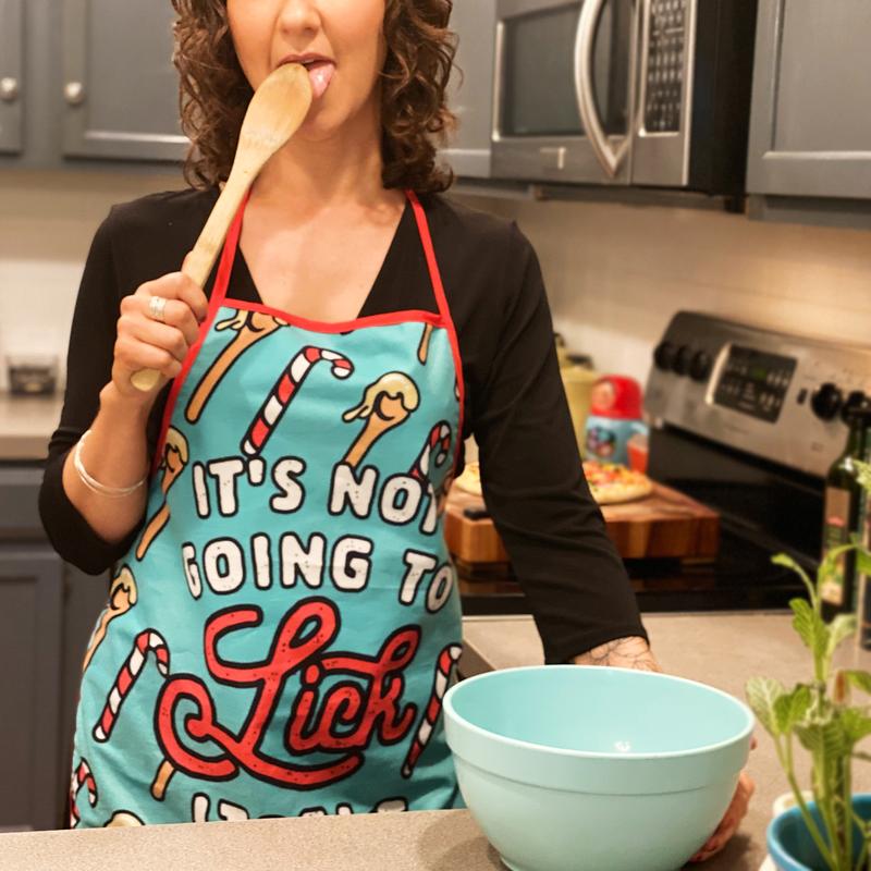 It's Not Going To Lick Itself Apron Funny Christmas Baking Candycane Graphic Novelty Smock Funny Graphic Kitchenwear Christmas  Funny Food  Novelty Cookware Blue