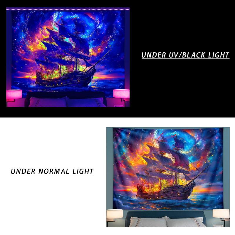 Retro Ship Pattern Tapestry, 1 Count UV Reactive Fluorescent Tapestry, Starry Sky & Cloud Sailing Decoration Wall Art for Home Living Room Bedroom