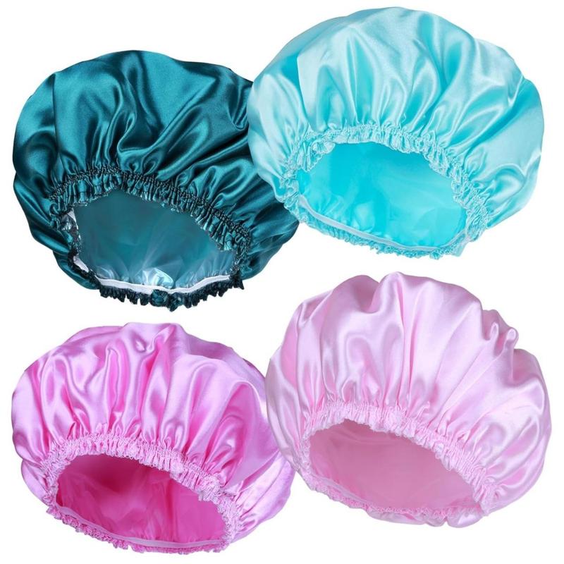 Shower Caps for Women, 4 PCS Elastic and Reusable Bath Caps, Double Waterproof Layers Shower Cap, Bathing Shower Caps, Environmental Protection Hair Bath Hat - Solid Color(Creative Life Pavilion) Cover