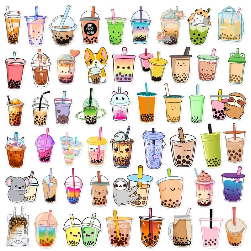 Cartoon Fresh Milk Tea Series Decorative Sticker, 50pcs Creative Waterproof Sticker For DIY Scrapbook Luggage Decoration, Self-adhesive Naughty Stickers