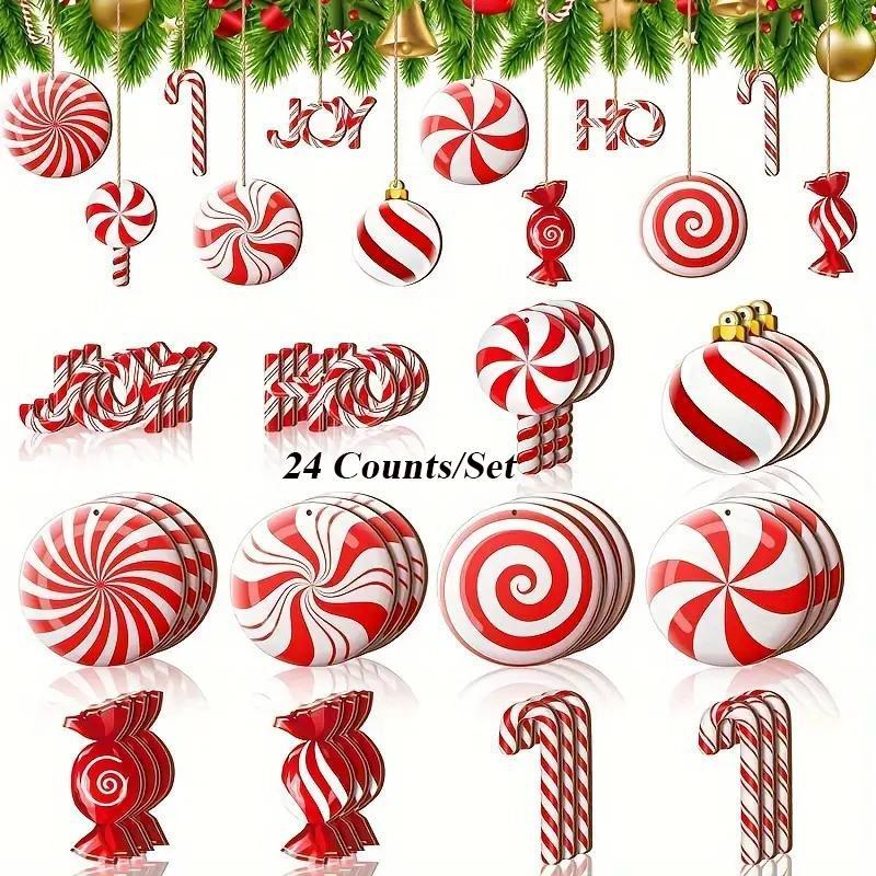 Wooden Candy & Cane Shaped Hanging Ornament, 24pcs set Colorful Christmas Tree Hanging Decoration with Rope, Holiday Party Decoration Supplies