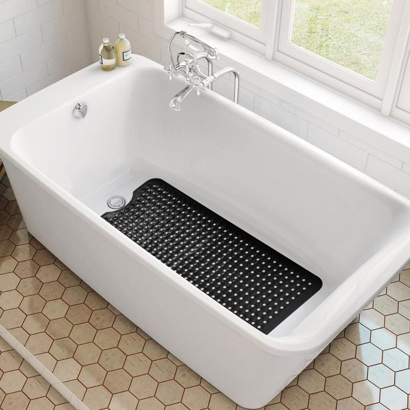 Bathtub and Shower Mats, Long Non Slip Bath Mat, Bath Tub Mat with Suction Cups & Drain Holes for Bathroom, Machine Washable Bathroom Mats, Opaque Black