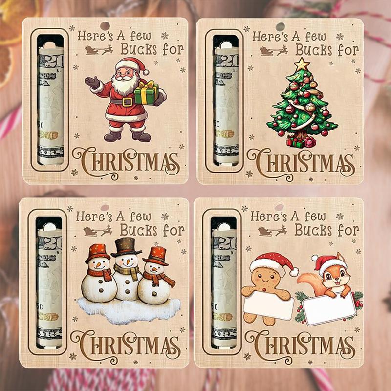 Wooden Christmas Money Holder Ornament, 4 Counts set Cute Cartoon Design Money Holder, Classic Holiday Tree Decor for Festive Season Gifts, without Money