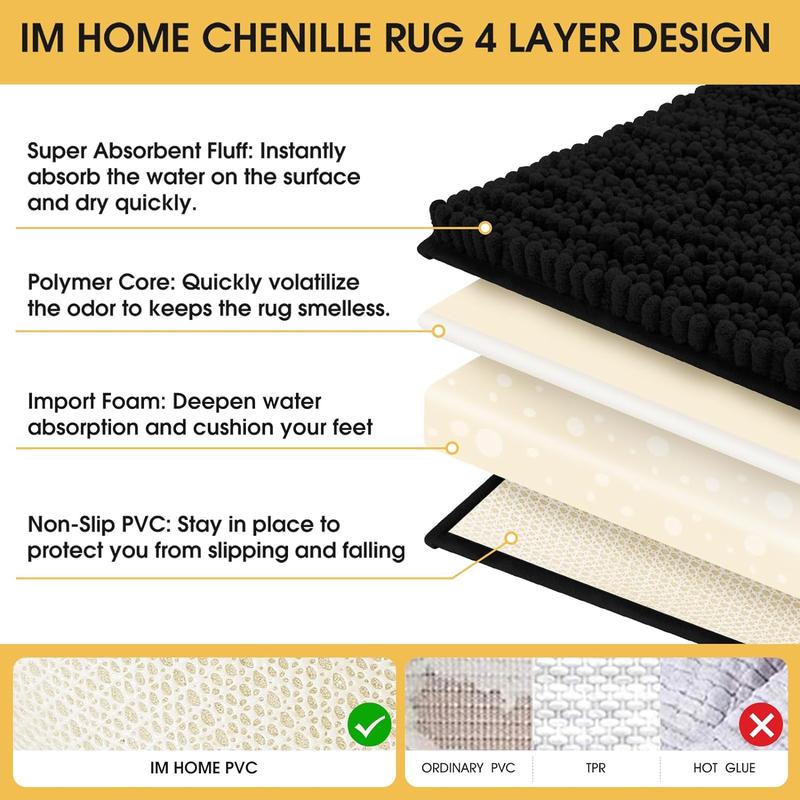 Upgrade Extra Large Black Bathroom Rug Set 3 Pieces Ultra Soft, Thick Absorbent Bath Mats, Non Slip Chenille Toilet Mat for Bathroom, Bedroom, Kitchen Cloud Cozy Microfiber Microfiber Microfiber