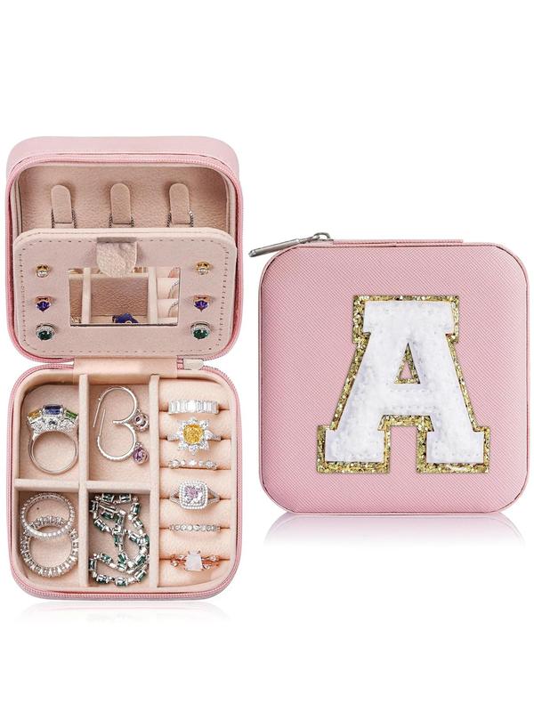 Portable Jewelry Box with Mirror for Gift, Summer Stylish Sequin Decorated Letter Pattern Jewelry Organizer, Cute Zipper Jewelry Storage Box for Women and Girls As Gift, Jewelry Case Room Accessories