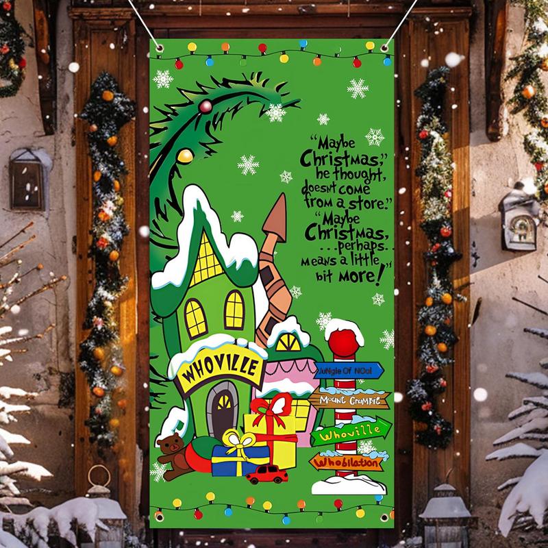 Merry Christmas Door Cover, Cartoon Pattern Door Hanging Banner, Winter Holiday Party Decorations Backdrop, Home Decor Supplies