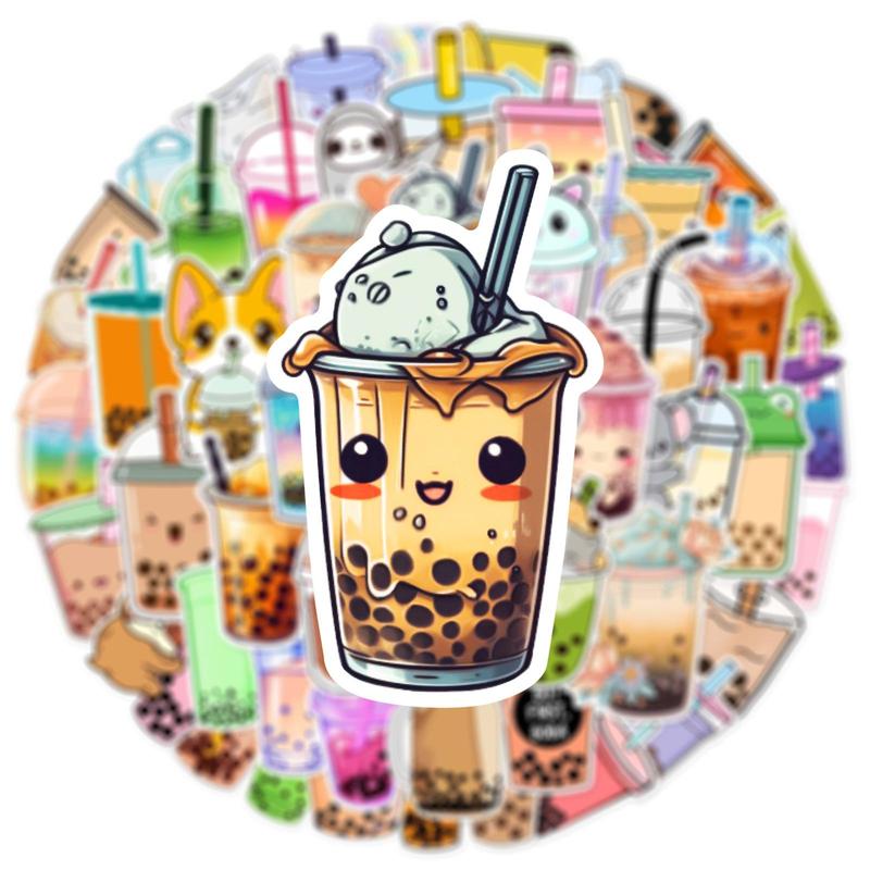 Cartoon Fresh Milk Tea Series Decorative Sticker, 50pcs Creative Waterproof Sticker For DIY Scrapbook Luggage Decoration, Self-adhesive Naughty Stickers