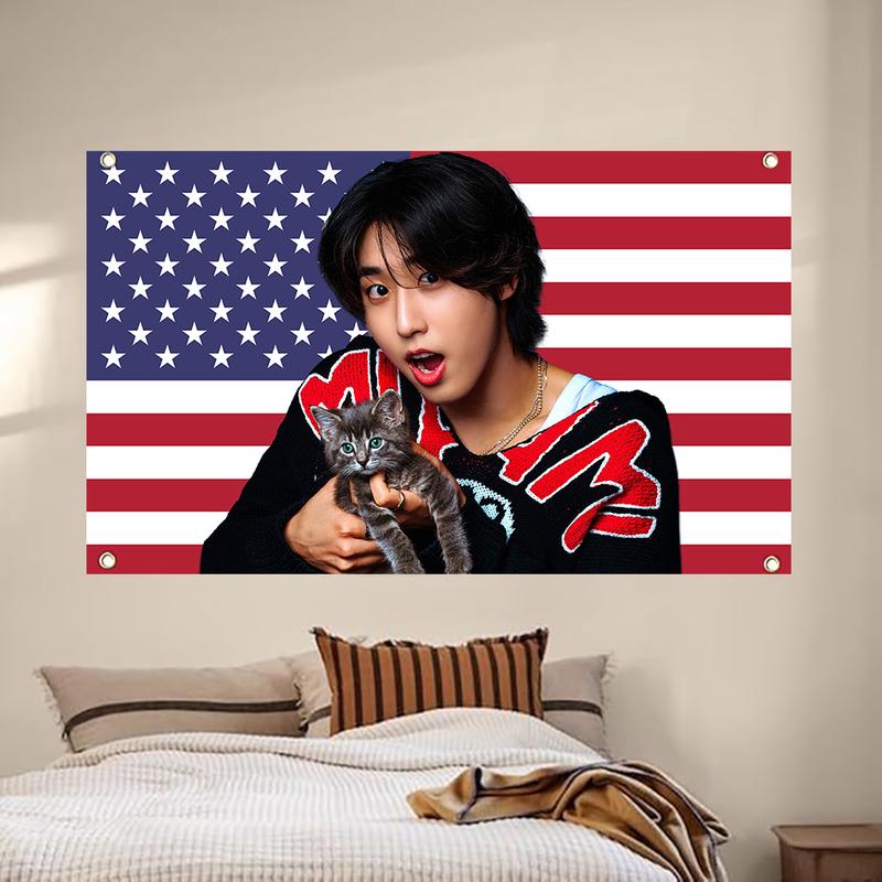 SKZ Han with a Kitten American Flag 3x5ft K-Pop Tapestry, K-Pop Merchandise, Fan Gifts, Wall Hanging, Room Decor, Wall Hanging, Fan Art