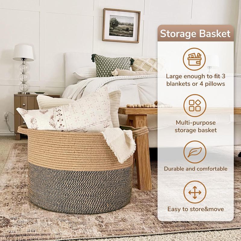 Extra Large Wicker Storage Basket, 83L Woven Jute Basket for Blankets, Clothes, Laundry, and Pillows – 21.7 x 13.8 Inch Organizer for Living Room