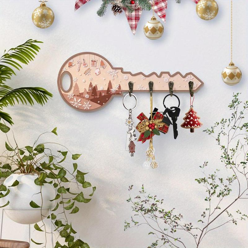 Wooden Key Hanging Board, 1 Count Snowflakes Christmas Tree Pattern Wall Key Chain Decoration, Wall Key Hook for Entrance Corridor Front Door