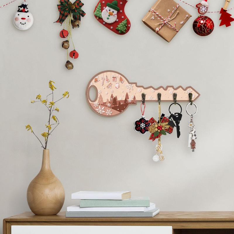 Wooden Key Hanging Board, 1 Count Snowflakes Christmas Tree Pattern Wall Key Chain Decoration, Wall Key Hook for Entrance Corridor Front Door