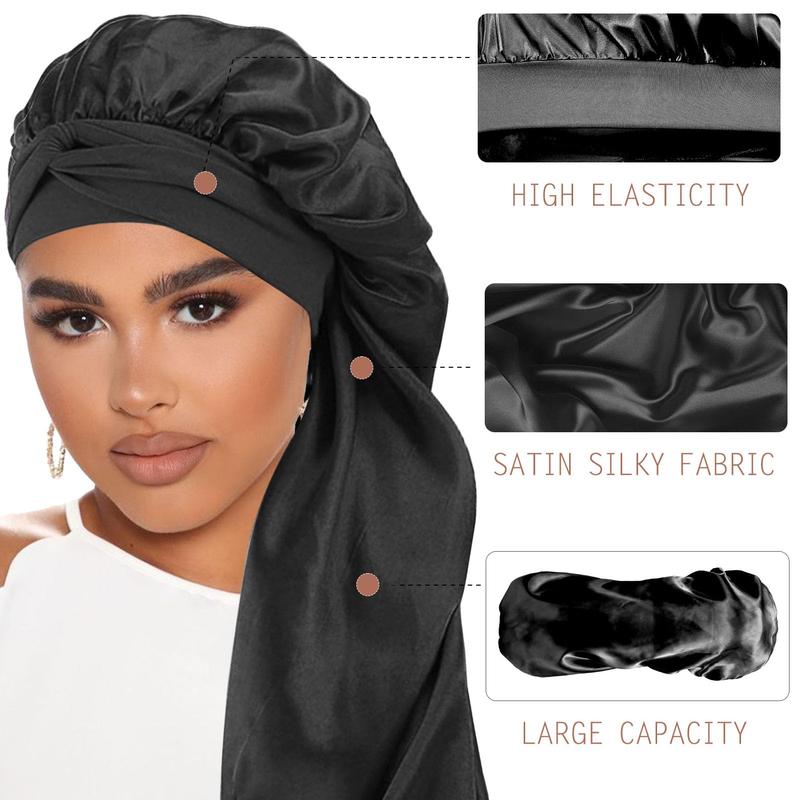  Bonnets for Black Women Braid Bonnet Large Long Satin Silk Bonnet with Stretchy Tie Band Sleep  Shower Cap Hair 2 Count Black&Leopard