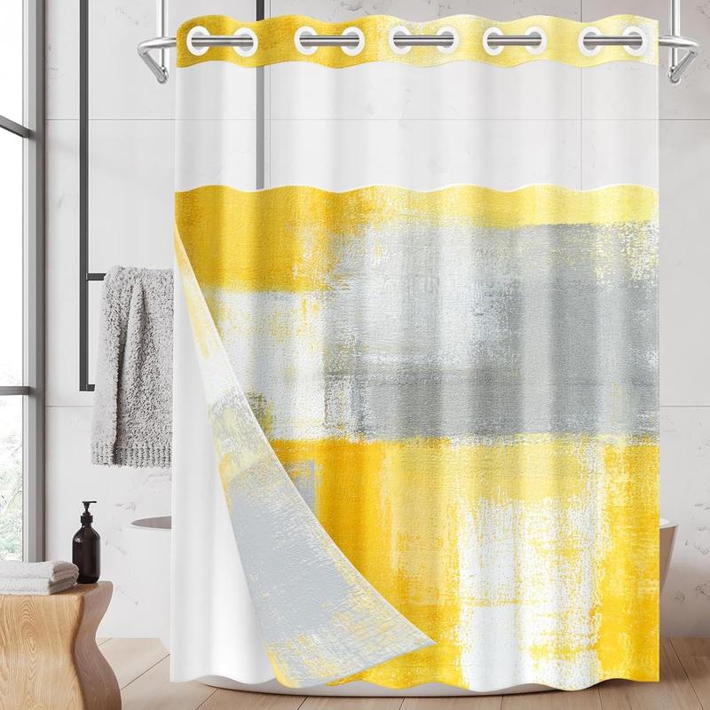 No Hook Turquoise Grey Painting Shower Curtain with Snap in Fabric Liner Set, Waterproof with See Through Mesh Top Window, Contemporary Teal Gray Abstract Bath Curtain 71x74 Inch