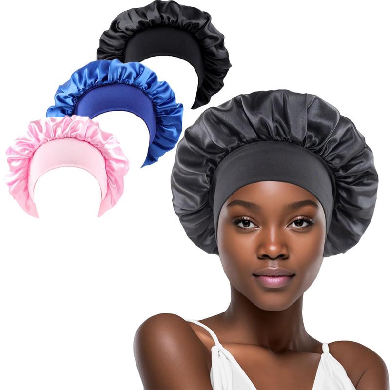 Womens Satin Hair Bonnets for Sleeping, Casual Fashion Wide Band Silk Bonnet Hats, Soft Lightweight Cloth Large Bonnet for Curly Hair Showercap