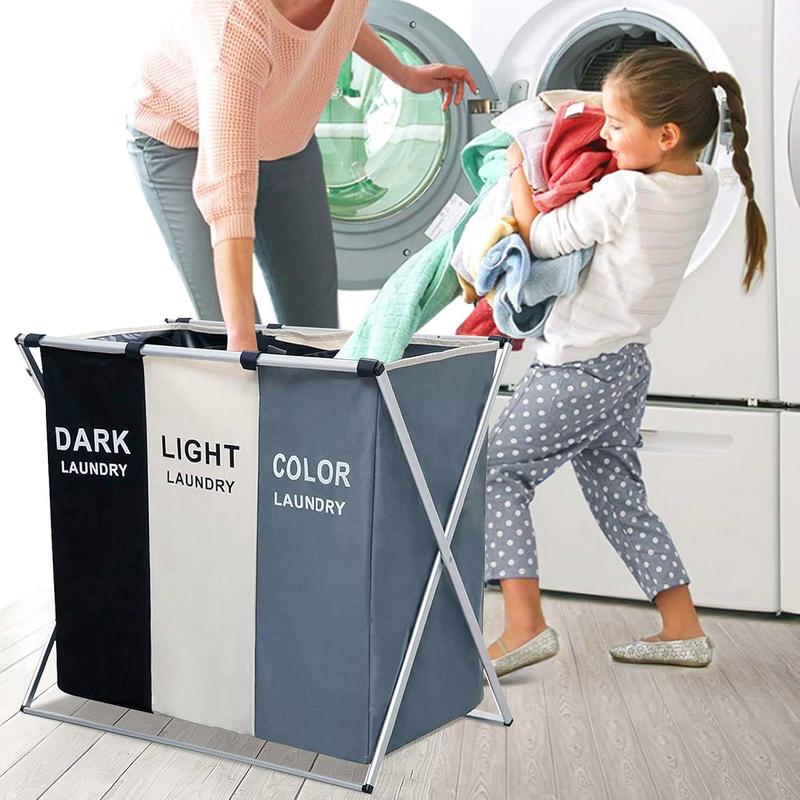 3 Section Laundry Basket Printed Dark Light Color, Foldable Hamper Sorter with Waterproof Oxford Bags and Aluminum Frame,Clothes Toys in the Dorm & Family Closet Storage Container and Organizer