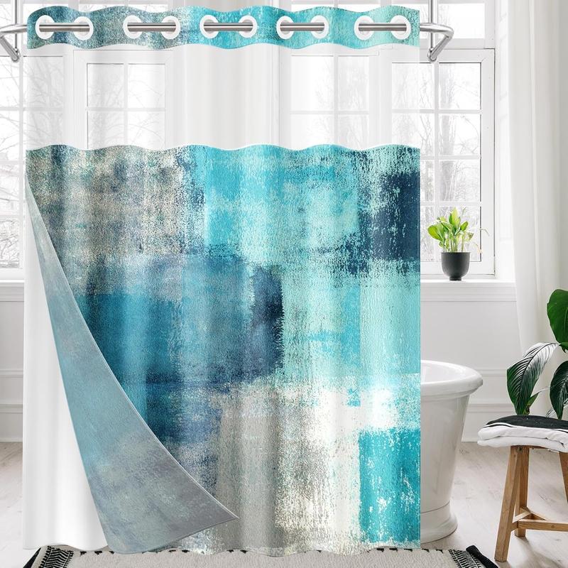 No Hook Turquoise Grey Painting Shower Curtain with Snap in Fabric Liner Set, Waterproof with See Through Mesh Top Window, Contemporary Teal Gray Abstract Bath Curtain 71x74 Inch