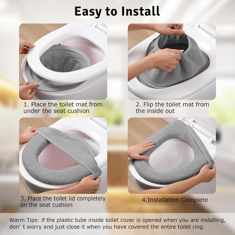 5 Pack Thicker Bathroom Toilet Seat Cover Pads- Soft Warmer Toilet Seat Cushion Cover Stretchable Washable Fiber Cloth, Easy Installation Comfortable Toilet Lid Seat Cover(Knit Elongated Gray)