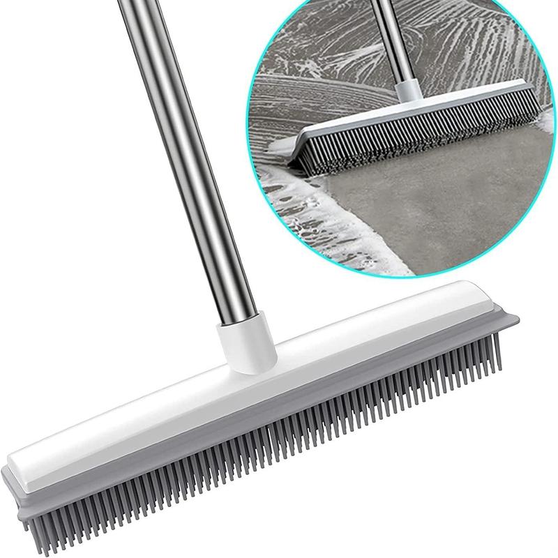 2 in 1 Broom with Squeegee Edge, 1 Count Adjustable Long Handle Soft Rubber Bristle Broom for Outdoor Indoor, Carpet Brush for Pet Cat Dog Hair Removal