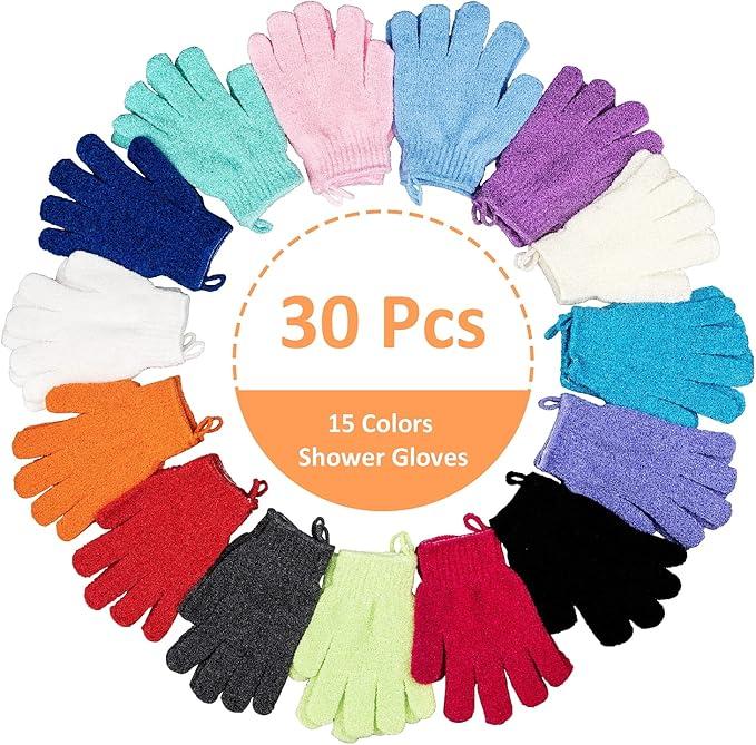 30 Pcs Exfoliating Gloves for Shower, 15 Colors Body Exfoliator Glove with Hanging Loop, Scrub Exfoliate Glove Mitt Bath Face Spa Hand Scrubber Wash Deep Scrubbing Dead Skin for Women Men