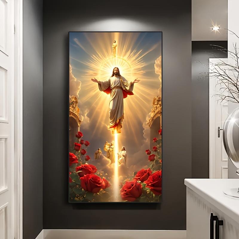 No frame High-Definition Jesus Canvas Print Poster, Religious Wall Art Picture, Home Decor Ascension Scene with Angels & Roses, Spiritual Living Room Bedroom Artwork, Unframed Christian Festival Gift - 1 Piece Ornaments Decoration Photo