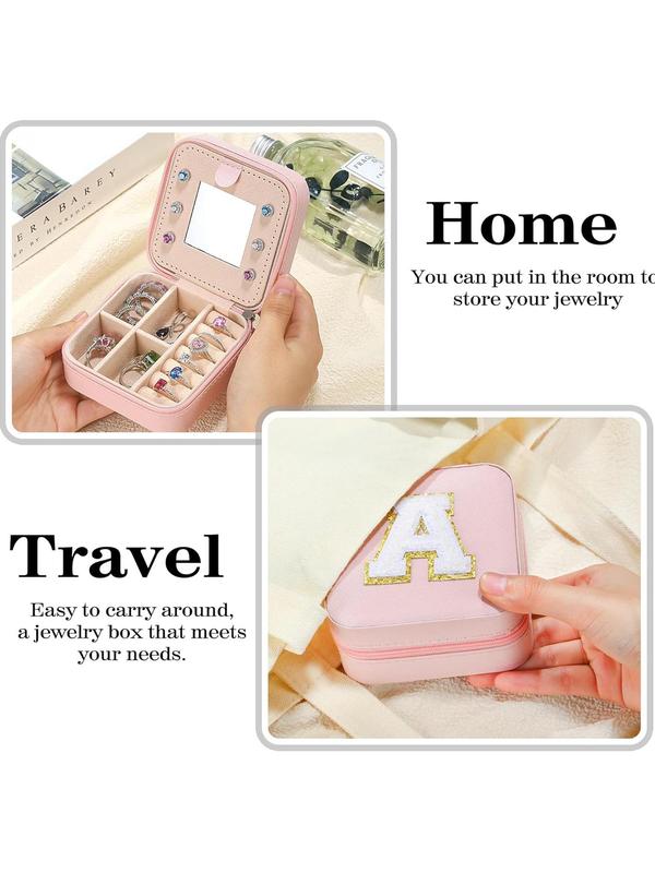 Portable Jewelry Box with Mirror for Gift, Summer Stylish Sequin Decorated Letter Pattern Jewelry Organizer, Cute Zipper Jewelry Storage Box for Women and Girls As Gift, Jewelry Case Room Accessories