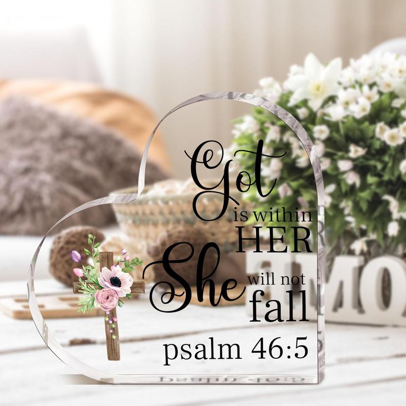 Acrylic Plaque, 1 Count Flower & Letter Pattern Christian Gift, She Will Not Fall God Psalm Scripture Table Plaque, Religious Gift for Friend Bestie