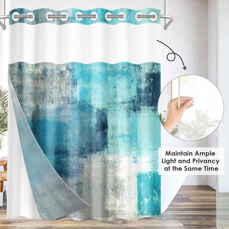 No Hook Turquoise Grey Painting Shower Curtain with Snap in Fabric Liner Set, Waterproof with See Through Mesh Top Window, Contemporary Teal Gray Abstract Bath Curtain 71x74 Inch