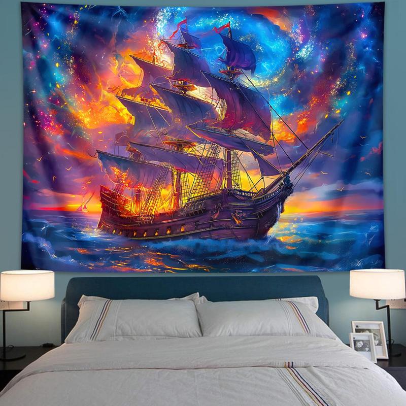 Retro Ship Pattern Tapestry, 1 Count UV Reactive Fluorescent Tapestry, Starry Sky & Cloud Sailing Decoration Wall Art for Home Living Room Bedroom