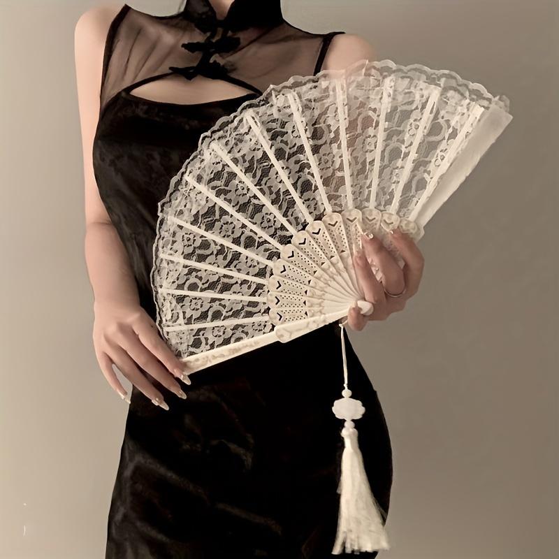 Women's Black Lace Folding Fan-Traditional Chinese Style, Handheld Flower Pattern, Perfect for Role Play with Cheongsam Accessories