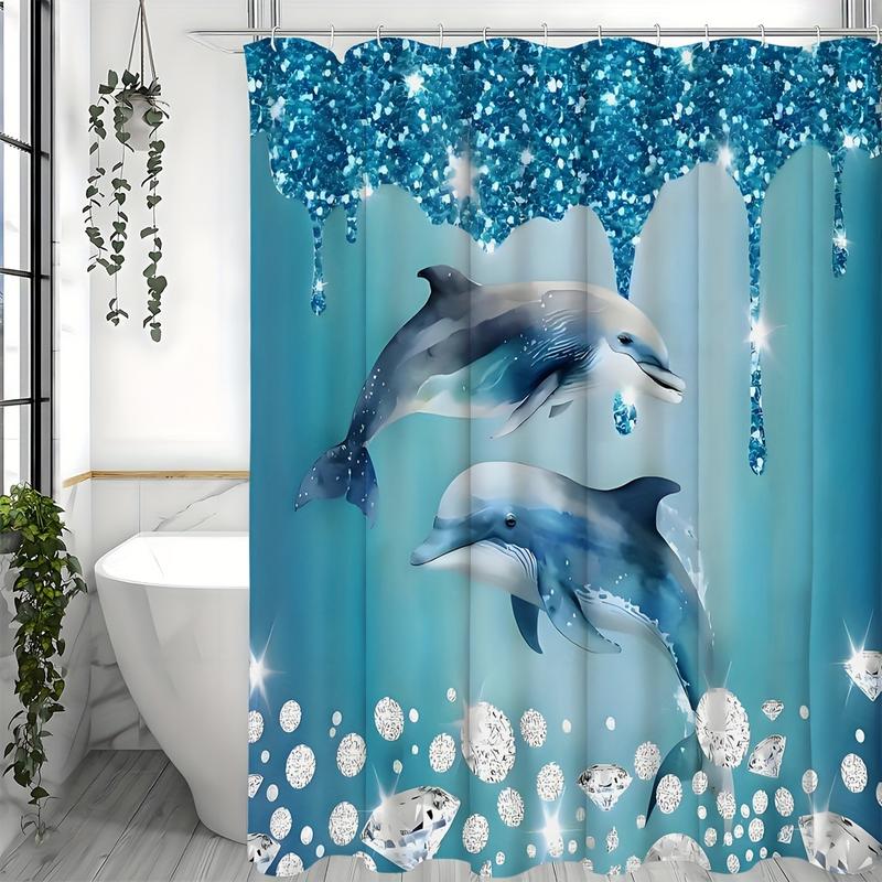 Shower Curtain Set Diamonds Dolphins Luxurious Curtain Waterproof with 12 Hooks for Home Bathroom Decoration Christmas Shower Curtain Gift Ideas