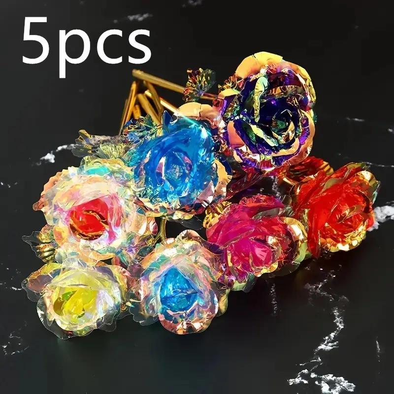 Random Color Artificial Multicolor Sparkling Rose Decoration, 5 Counts Creative Eternal Rose Flower Gift for Friend, Decorative Flowers for Home & Party