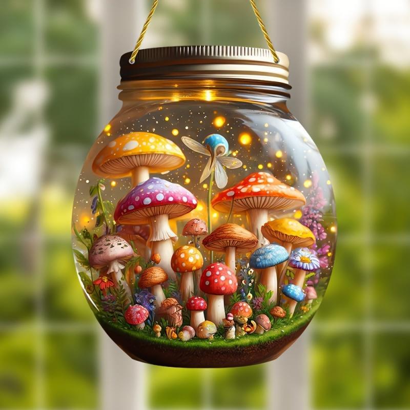 Mushroom Pattern Mason Jar Hanging Ornament, 1 Count Mushroom World Design Hanging Decor, Hanging Ornament for Home Bedroom Living Room Garden