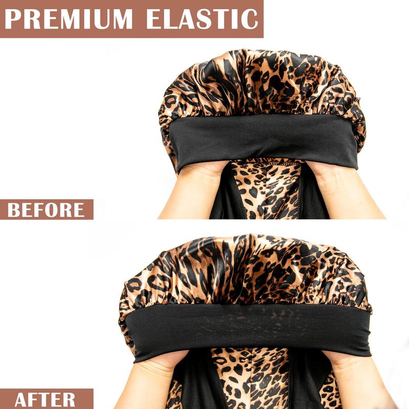  Bonnets for Black Women Braid Bonnet Large Long Satin Silk Bonnet with Stretchy Tie Band Sleep  Shower Cap Hair 2 Count Black&Leopard