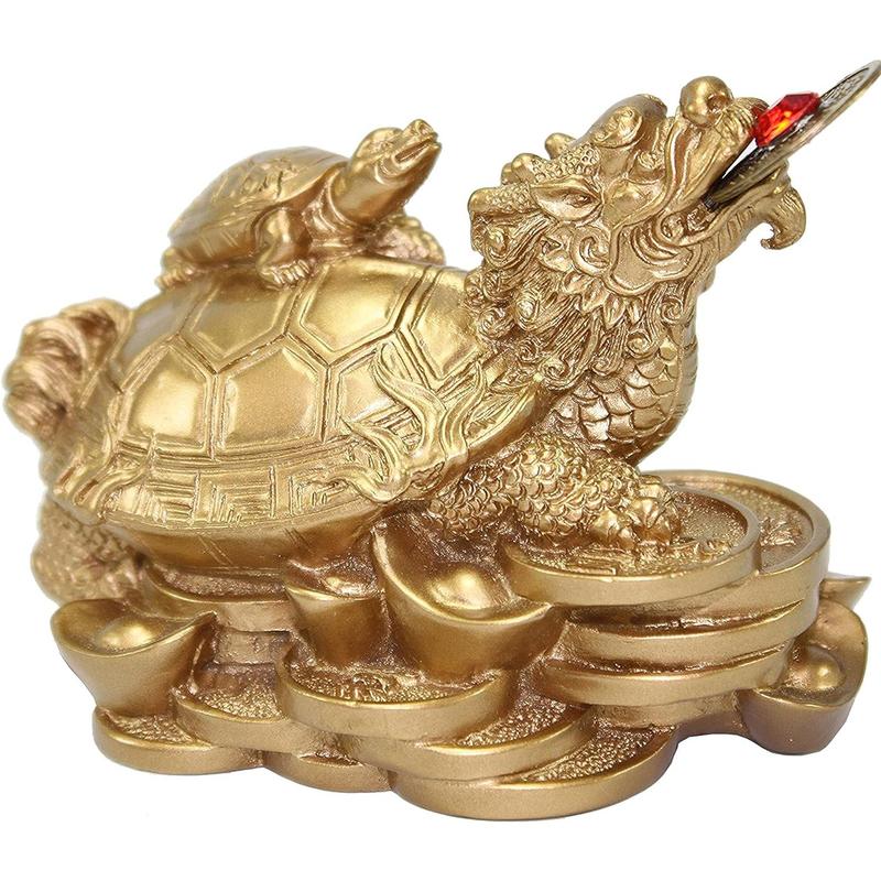 Feng Shui Statues Wealth Lucky Figurine Home Decor Housewarming Gift Idea (Idea for Office Desk, Computer, Book TV Shelf, and Cashier Registration Area Display) (Golden Turtle on Gragon) Ornaments Decorative