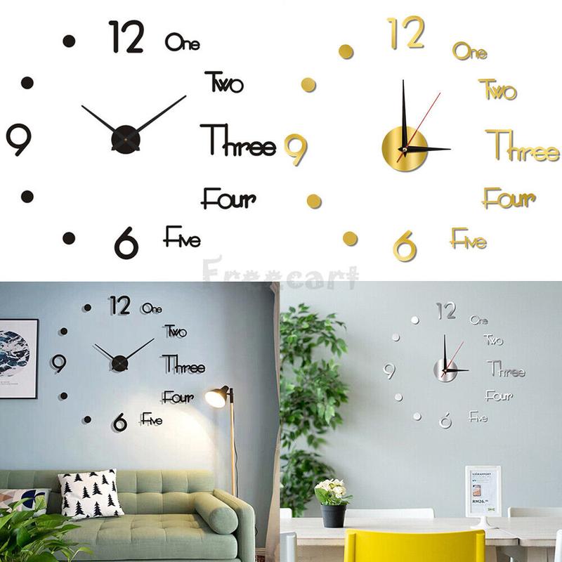 3D Wall Clock Mirror Surface Large Modern DIY Sticker Office Home Shop Art Decor Round