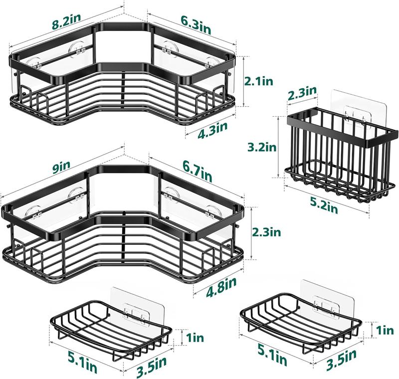 MAXIFFE Shower Caddy, 3 5Pack Wall Mounted Corner Organizer with Soap Holder and 8 Hooks, Black Storage Shelf for Bathroom, Kitchen, and Countertops